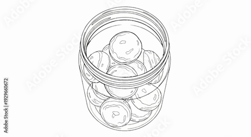 A top-down view of a glass jar filled with many round candies, sketched in black outline
