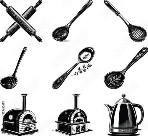 Black and white kitchen utensils and appliances with spoons ladles and ovens wooden spoons whisks