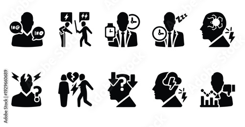 Business and stress icons showing conflict communication issues and time pressure