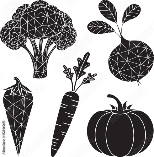 Black and white geometric broccoli carrot beet pumpkin and pepper
