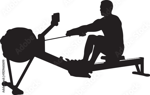 Silhouette of a person exercising on a rowing machine, depicting fitness and indoor workout.