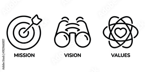 Business mission vision and values concept icons collection