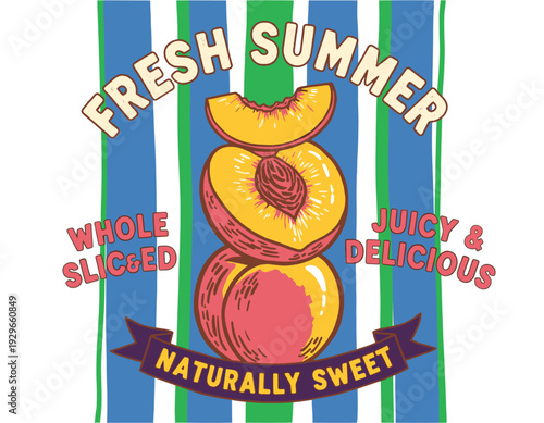 Fresh summer peaches graphic design. Juicy and delicious fruit artwork. Naturally sweet organic produce. Whole and sliced peach illustration. Summer f