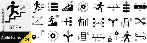 Business step solid icons set for goal achievement and progress tracking