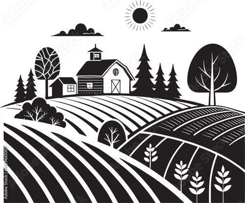 Black and white of a farm with rolling fields and a barn rolling hills trees