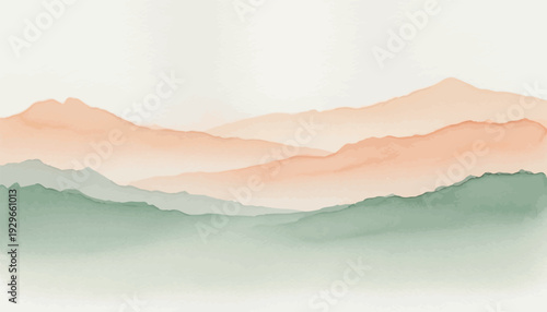 Serene watercolor landscape with rolling hills in soft pastel hues of green and peach, evoking a peaceful natural vista