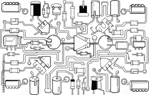 Intricate black and white schematic diagram of electronic components and connections