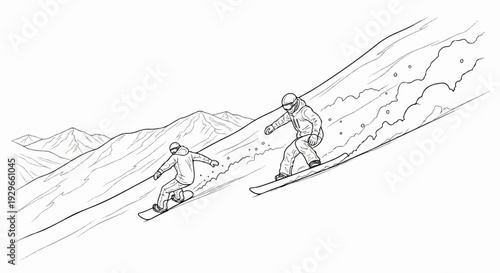 Two snowboarders carve down a snow-covered mountain, leaving powder trails