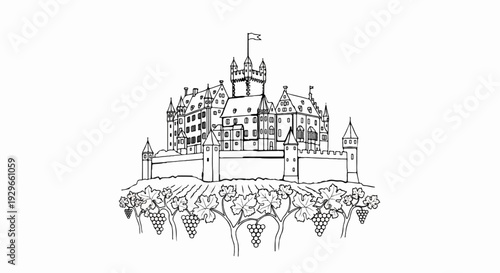 Ornate historical castle atop vineyard hills with lush grape clusters