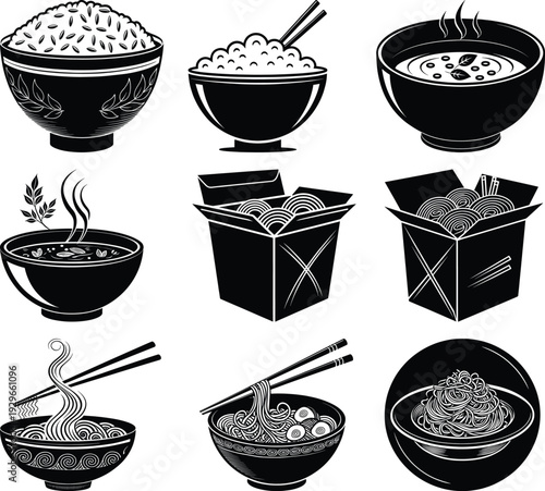 Black and white of asian food bowls and takeout containers food black and white rice bowl noodle soup