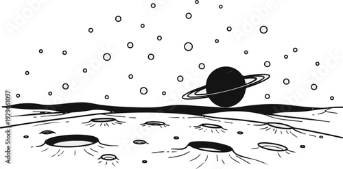 Alien planet landscape with craters and ringed planet in sky