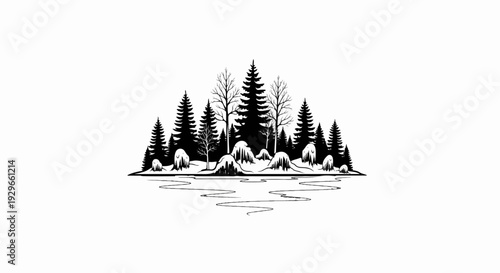 Silhouette of a forest with snow-covered hills and a calm body of water
