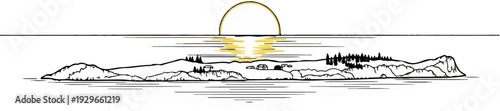 A simplistic illustration depicts a coastal landscape at sunset with calm waters