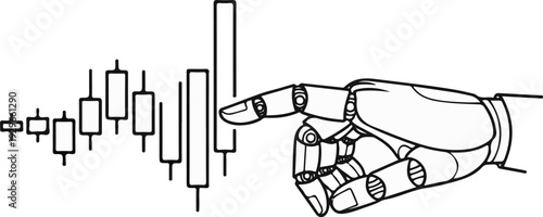 A robotic hand points at a rising stock market graph made of candles