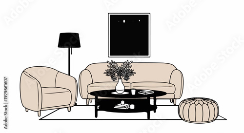 Beige sofa and armchair setup with coffee table, floor lamp, and wall art
