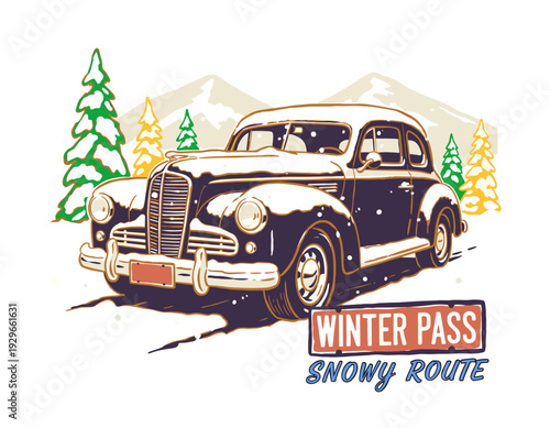 Vintage car winter road trip design. Snowy route artwork for apparel. Mountain landscape with classic auto. Winter pass travel illustration. Old car i