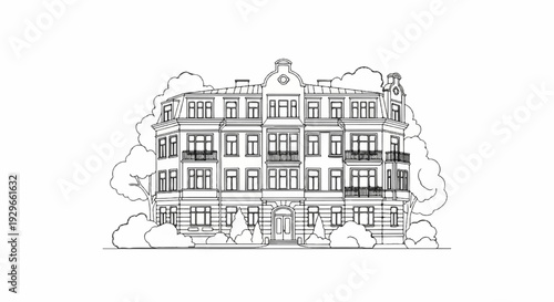 A detailed line drawing depicts a large, ornate, multi-story building with many windows and balconies, surrounded by trees