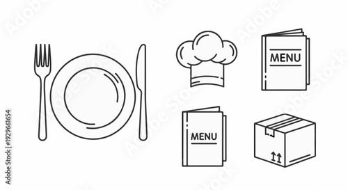 Line art icons depict cutlery, plate, chef hat, menus, and shipping box for food