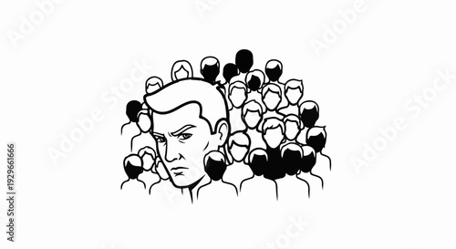 Man with intense expression stands out from a dark, anonymous crowd