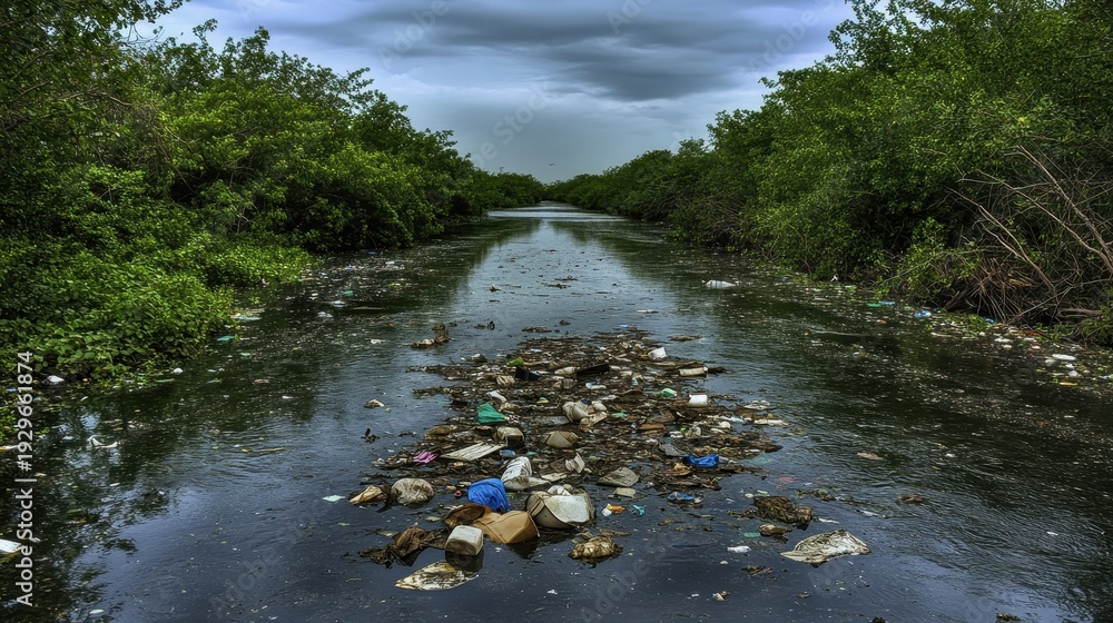 Fototapeta premium Accumulated floating trash and debris clogging the surface of a polluted river surrounded by lush green trees and under a dramatic sky.