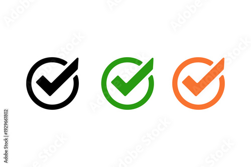 Check mark icons set with circular outline, black green orange approval symbols for UI buttons, validation and success status