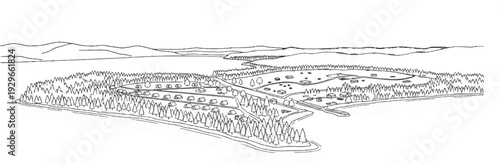 Aerial view of a forested campsite with tents and distant mountains