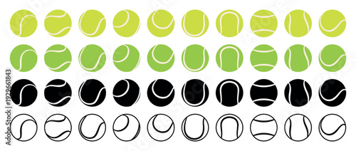 Collection of tennis or padel balls in filled yellow, green, black and white and outline style for sports design. Flat vector illustration isolated on a white background.