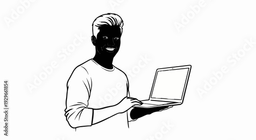 A smiling person in a t-shirt holds a laptop, ready to work or connect
