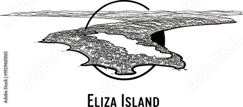 An aerial ink sketch of a populated island with a bay and distant hills