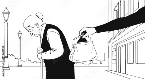 A thief's hand snatches a purse from an elderly woman on a city street
