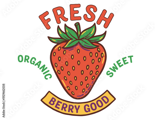 Strawberry fruit artwork. Fresh organic berry design. Sweet strawberry graphic print. Local fruit market artwork. Healthy natural food illustration.