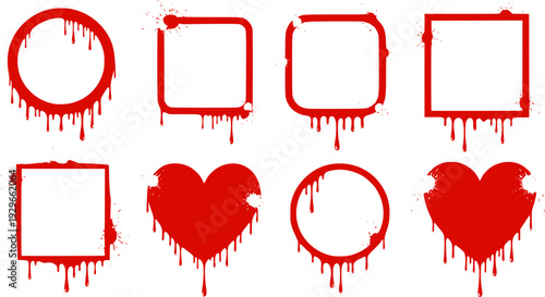Liquid or paint drips. Set of vector ink round, square, corner frame silhouettes.
