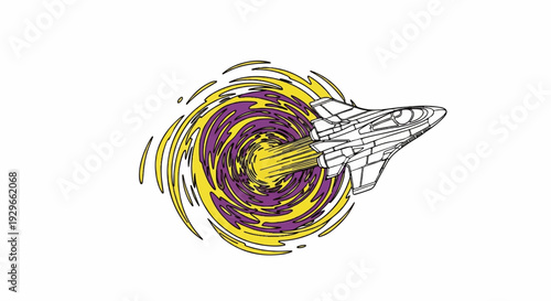 A sleek spacecraft hurtles through a vibrant, swirling vortex of yellow and purple