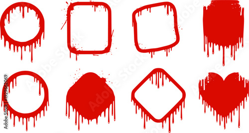 Liquid or paint drips. Set of vector ink round, square, corner frame silhouettes.
