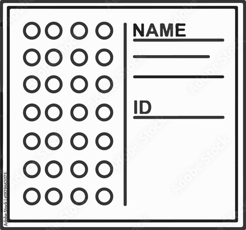 A document with rows of circles, name, and ID fields for data entry