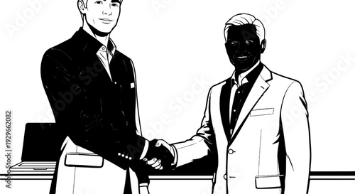 Two businessmen in suits shake hands across a table, one with a laptop