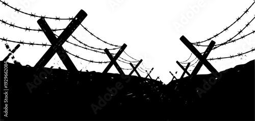 Silhouette of barbed wire and wooden stake on the ground. trench war elements vector background.
