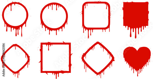 Liquid or paint drips. Set of vector ink round, square, corner frame silhouettes.
