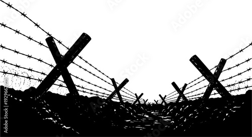 Silhouette of barbed wire and wooden stake on the ground. trench war elements vector background.
