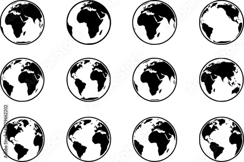 Curved world map silhouette, half globe of blue planet Earth, global business geography, worldwide international. Africa, Asia and America, Europe, Australia continents. Travel vector infographics