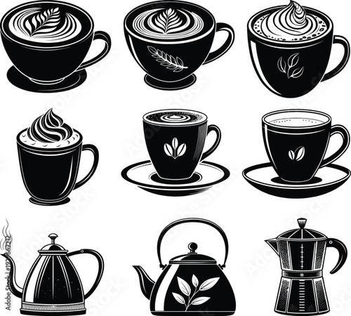 Black and white of coffee cups and brewing equipment latte espresso cappuccino coffee beans