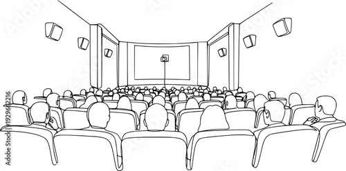 People sit cinema hall back rear view looking at screen continuous one line drawing. Hand drawn audience cinema, theatre vector silhouette. Crowd of people in the auditorium contour illustration