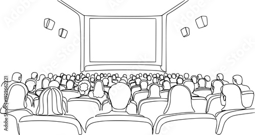 People sit cinema hall back rear view looking at screen continuous one line drawing. Hand drawn audience cinema, theatre vector silhouette. Crowd of people in the auditorium contour illustration