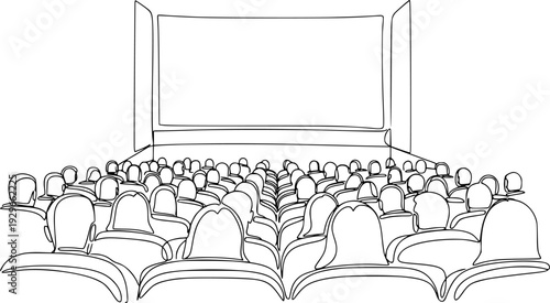 People sit cinema hall back rear view looking at screen continuous one line drawing. Hand drawn audience cinema, theatre vector silhouette. Crowd of people in the auditorium contour illustration