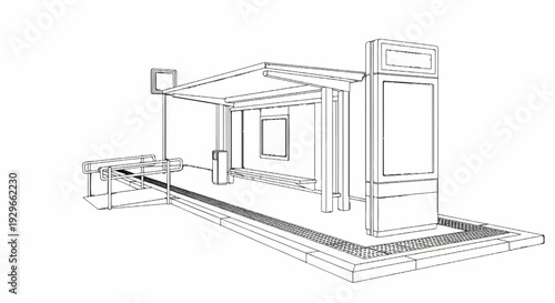 A minimalist line art illustration of a bus stop shelter with a bench and advertising displays