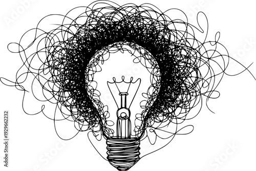 Chaotic lines with lightbulb continuous line drawing. Creative idea process. Mental health concept. Problem solving and idea search symbol. Vector illustration isolated on white.