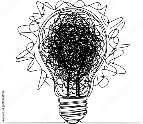 Chaotic lines with lightbulb continuous line drawing. Creative idea process. Mental health concept. Problem solving and idea search symbol. Vector illustration isolated on white.