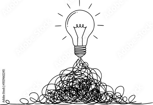 Chaotic lines with lightbulb continuous line drawing. Creative idea process. Mental health concept. Problem solving and idea search symbol. Vector illustration isolated on white.