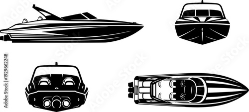 jet boat silhouette icons set side, front, back, and top views vector art illustration
