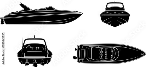 jet boat silhouette icons set side, front, back, and top views vector art illustration
